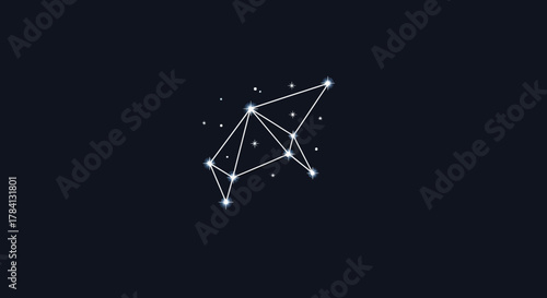 Minimalist constellation illustration with connected dots forming a geometric shape against a dark blue background.