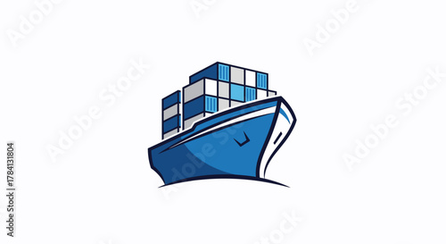 Illustration of a blue cargo ship carrying shipping containers, isolated on a white background.