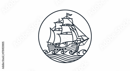 Line art illustration of a sailing ship on wavy water, enclosed in a circle, isolated on a white background.