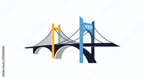 Stylized illustration of a suspension bridge with one tower in yellow and the other in blue, against a white background.