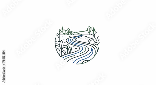A minimalist line art illustration of a winding river flowing through a landscape with trees and hills, enclosed in a circular frame.