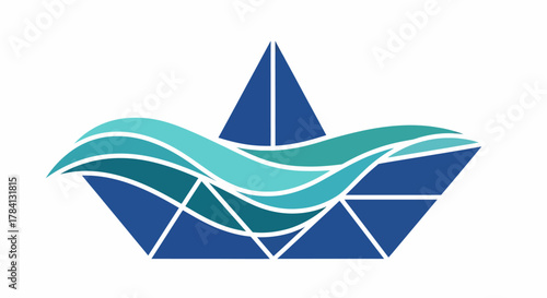 Abstract logo design featuring stylized blue waves above a geometric, triangular base against a white background.