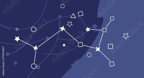 Abstract illustration of connected stars, circles, squares, and triangles on a two-tone blue background, resembling constellations.
