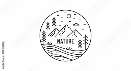 Minimalist line art illustration of a mountain landscape with trees, a river, sun, and the word "NATURE" inside a circle.