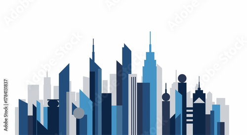 Stylized cityscape illustration with various skyscrapers in shades of blue and gray against a white background.