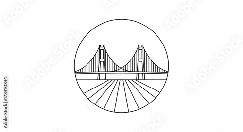 Minimalist line art of a suspension bridge over water, enclosed in a circle.
