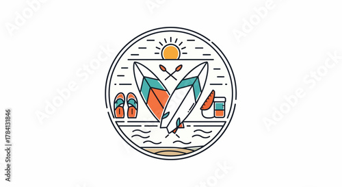 Circular illustration of surfboards, paddles, flip-flops, and a drink on a beach with waves and a rising sun.