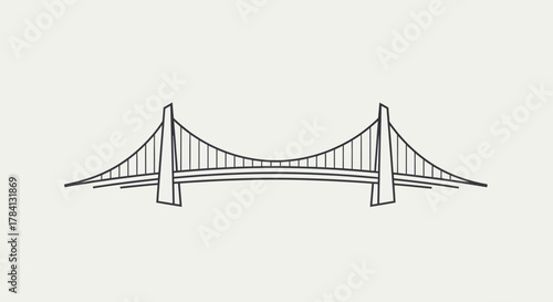 Line art illustration of a suspension bridge with two towers and cables against a light background.