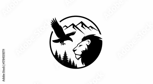 A circular logo featuring a lion's head, an eagle in flight, pine trees, and a mountain range, all in black and white.