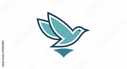 A stylized teal bird, possibly a dove, is depicted in flight with spread wings above a small geometric shape, set against a plain white background.