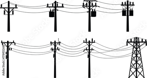 Utility poles and transmission towers silhouettes, vector illustration of electrical infrastructure, power distribution network, transformers and insulators, industrial electricity grid design concept