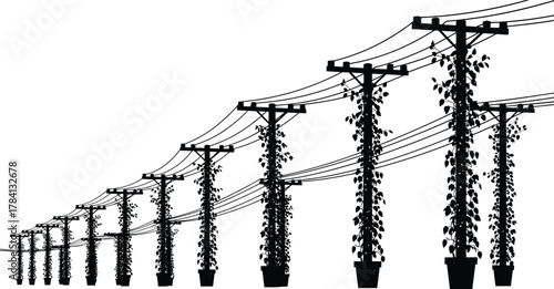 Utility poles growing from flower pots, vector illustration of eco infrastructure, power lines with climbing vines, sustainable energy concept, nature and technology integration design