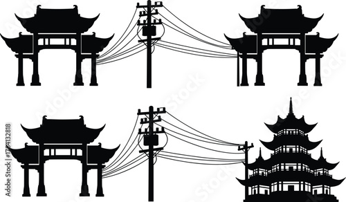 Utility poles with East Asian gates and pagoda, vector illustration of cultural heritage and modern infrastructure, silhouette design concept, traditional architecture connected by power lines