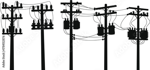 Utility poles with electrical transformers, power line vector illustration, electricity distribution infrastructure