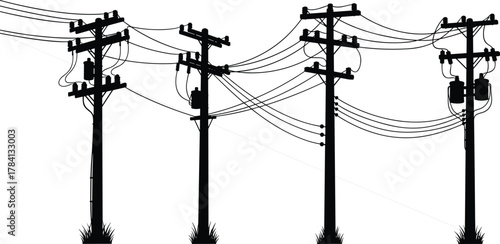 Utility poles with transformers and insulators, power line vector illustration, electricity distribution