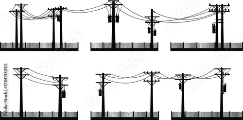 Utility poles with transformers, electrical distribution silhouettes, vector illustration of power lines and 