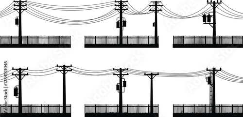 Utility poles with transformers, electrical distribution silhouettes, vector illustration of power lines an