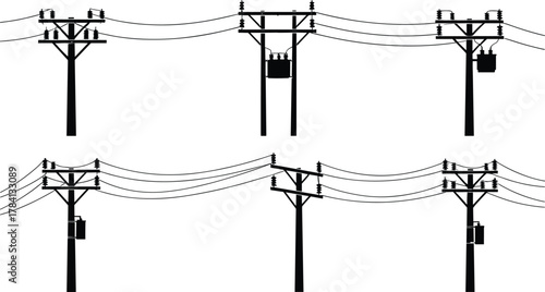 Utility poles with transformers, electrical distribution silhouettes, vector illustration of power lines and insulators, 