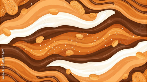Swirling layers of creamy caramel, rich chocolate, and nougat with sprinkled peanuts illustration
