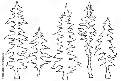 針葉樹の線画とシルエットセット ステンドグラス風クリスマスデコレーション ベクターイラスト