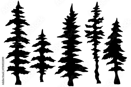 針葉樹の線画とシルエットセット ステンドグラス風クリスマスデコレーション ベクターイラスト