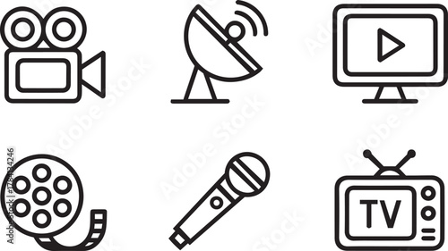 Media and Entertainment Icon Set – Minimalist Black and White Line Art Vector of Film, TV, Microphone, and Broadcasting Symbols