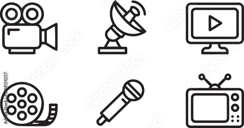 Media and Entertainment Icon Set – Minimalist Black and White Line Art Vector of Film, TV, Microphone, and Broadcasting Symbols