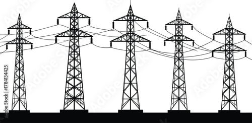 High voltage transmission towers, electricity pylons vector illustration, power line infrastructure artwork