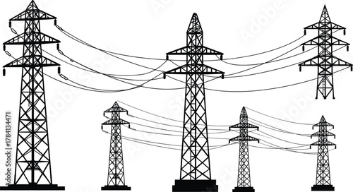 High voltage transmission towers, electricity pylons vector illustration, power line infrastructure artwork,