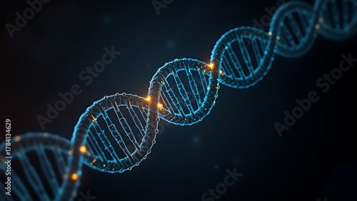 Dark DNA strands glowing under artificial light, revealing intricate hidden patterns.