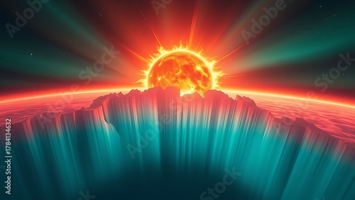 A painterly solar corona explosion with rippling aurora energy cascading toward a small blue planet.