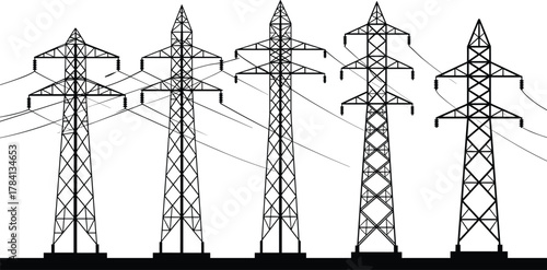 High-voltage transmission towers with multiple power lines, electricity pylons vector illustration,