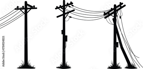 Utility poles in different conditions, damaged leaning pole vector illustration, electricity distribution