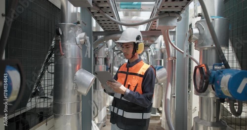 HVAC technician use tablet to record data and conduct real-time analysis. Using specialized software to diagnose and optimize mechanical, electrical, and plumbing systems with energy efficiency plan
