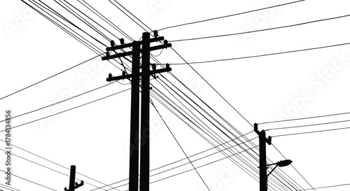 Utility poles with complex overhead power line network, electrical distribution vector illustration