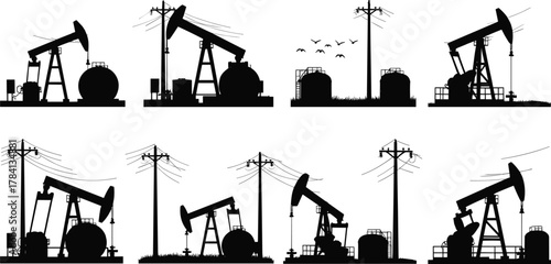 Oil pumpjacks with storage tanks and utility poles, petroleum extraction vector illustration, 