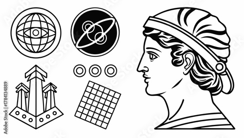 Illustration showing a person in profile with geometric shapes and symbols in a linear design style vreated with genrated ai