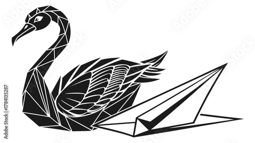 Geometric swan design in black and white with angular shapes and a paper airplane illustration vreated with genrated ai