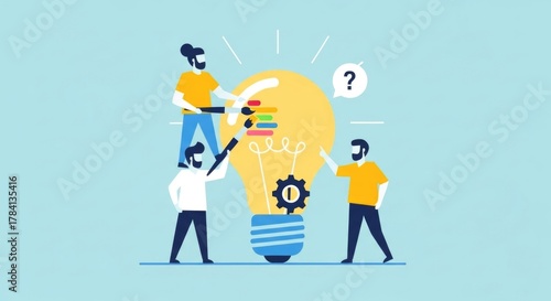 A creative team collaborates on a new idea, working together on a large lightbulb representing innovation.