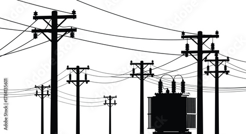 Utility poles with electrical transformer and insulators, power line vector illustration, electricit