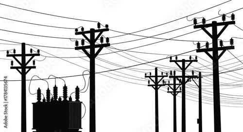 Utility poles with electrical transformer and insulators, power line vector illustration, electricity