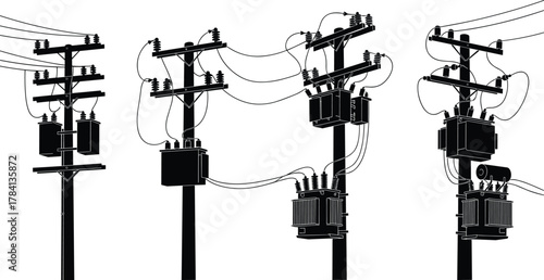 Utility poles with electrical transformers and insulators, power line vector illustration, electricity 