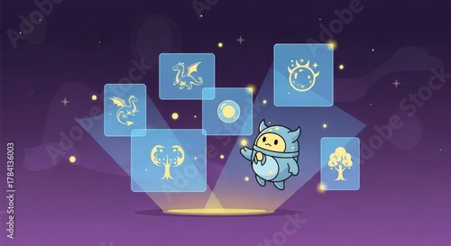 Cartoon character in blue suit with symbols floating around it on a purple background.