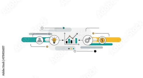 Modern infographic illustrating a business process from idea generation to financial growth and success.