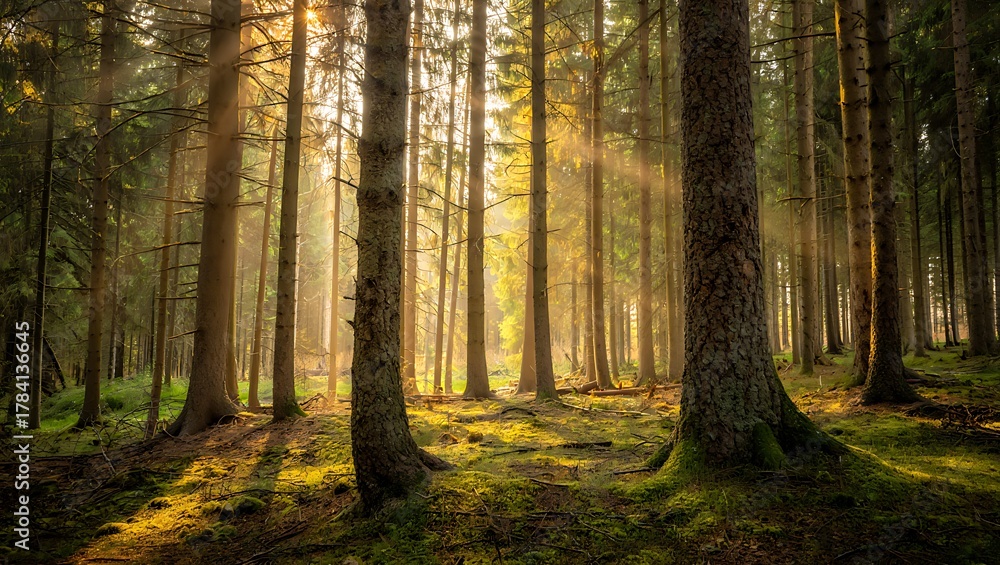 Fototapeta premium Sunlight filtering through the towering trees in a beautiful forest landscape