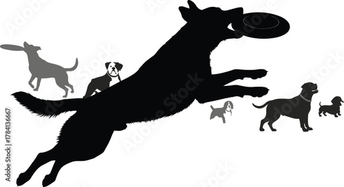 Flat vector silhouettes of dogs catching frisbees in mid-air, playful pet motion, dynamic outdoor activity, energetic canine sport illustration design