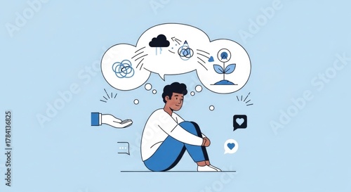 Conceptual illustration of mental health showing a person's thoughts transforming from chaos to growth with support.