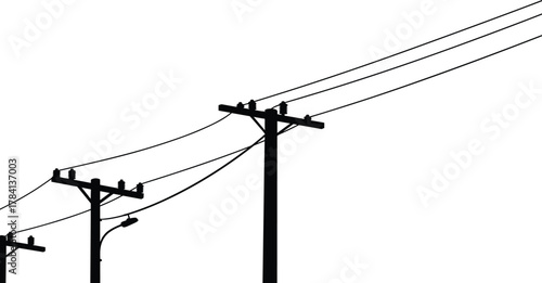 Utility poles with streetlight and power lines, electricity distribution vector illustration, urban infrastructure artwork, 