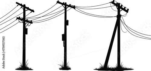 Utility poles with transformers and brace support, electrical distribution vector illustration, power line