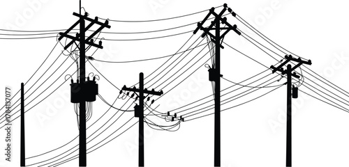 Utility poles with transformers and insulators, electrical distribution vector illustration, power line 